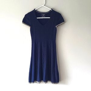 U.S. Polo Assn. Blue Mixed Stitch Short Sleeve V-Neck Bodycon Sweater Dress, M
